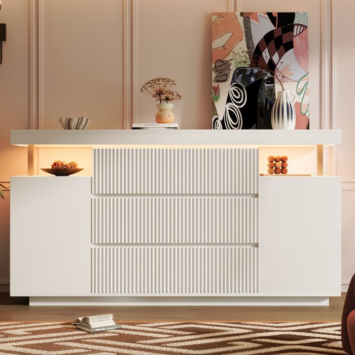 Buffet moderne à LED blanc 150 x 40 x 78 cm 6 tiroirs et 2 portes meuble dentrée pour salon dispositif anti-basculement