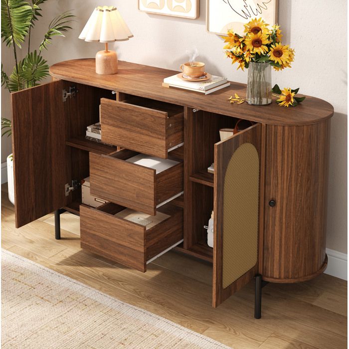 Buffet Bas Ovale 4 Portes dont 2 en Rotin 3 Tiroirs et Étagères Réglables - BEAUNIV - MDF Noyer 140×38×77 5 cm