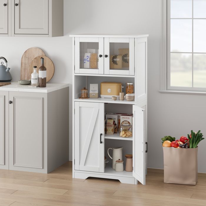 JOLLYTOP Armoire Étroite Entrée 128cm - Rangement Vintage avec Portes Vitrées et Étagères Ajustables - Blanc