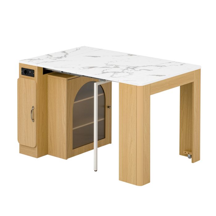 Îlot de cuisine extensible à roulettes – table à manger avec rangement LED USB/Type-C – naturel
