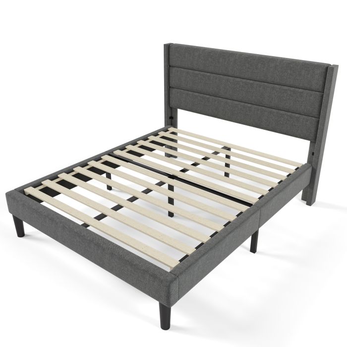 Lit double 140x200 cm avec tête de lit rembourrée sommier inclus revêtement lin gris foncé design moderne lit ado confortable