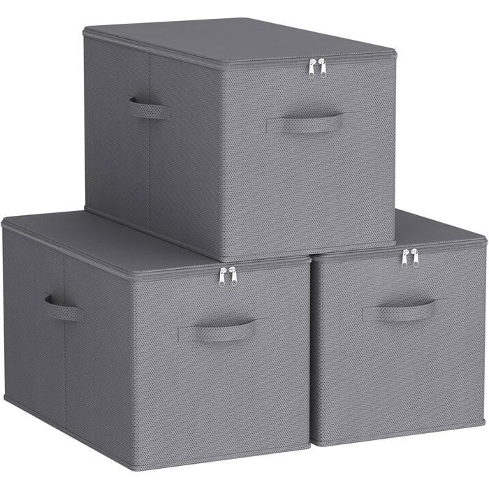 Lot de 3 Boîtes Rangement Tissu 30L Pliables Fermeture Éclair Couvercle Organiseur Placard Dressing Non Tissé Gris 40x30x25 cm