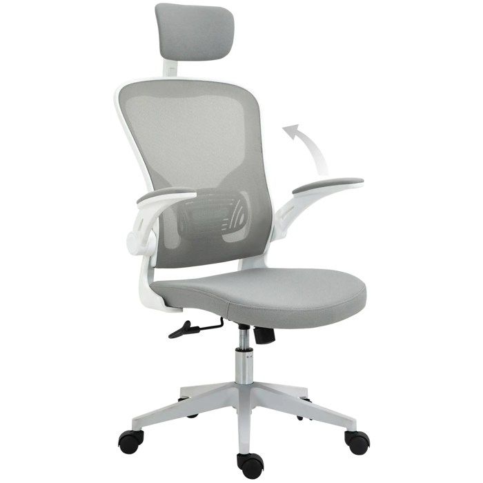 Chaise de bureau ergonomique grise avec appui-tête réglable fonction bascule et roulettes 65 x 64 x 114-122 cm