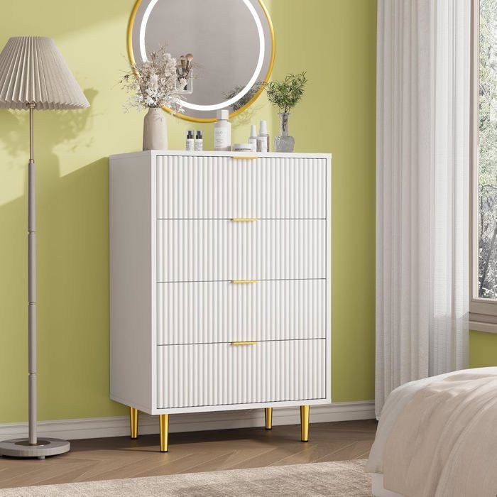 Commode 4 Tiroirs Façade Cannelée 60x40x94 cm Chiffonnier Bois avec Poignées et Pieds en Métal pour Chambre et Entrée