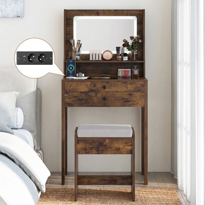 Ensemble Coiffeuse et Tabouret COSTWAY Miroir Lumières à 3 Modes dÉclairage Station de Charge 2 Tiroirs Cadeau Idéal Marron Ensemble Coiffeuse et Tabouret COSTWAY Miroir Lumières à 3 Modes dÉclairage Station de Charge 2 Tiroirs Cadeau Idéal Marron