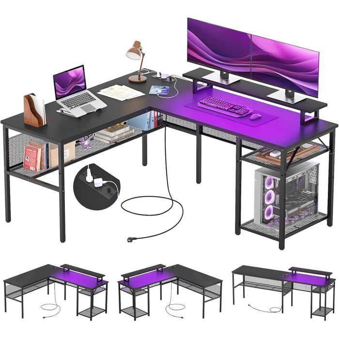 Bureau gaming en forme de L - 141 x 117 x 76 cm - LED RGB prises USB et étagère de rangement - acier noir réversible