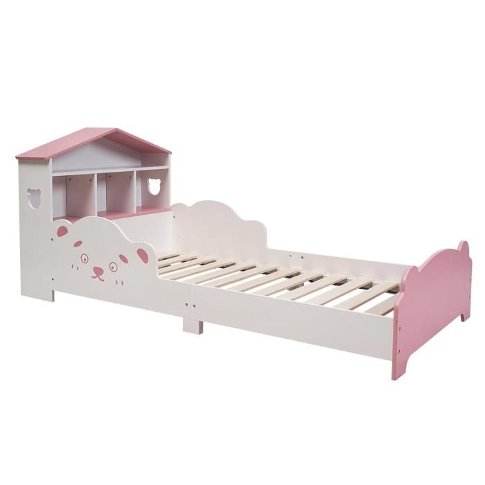 Lit enfant forme maison blanc-rose – bibliothèque + barrière sécurité + sommier – Junior 160 5×75×65 cm – Matelas 160×70 cm