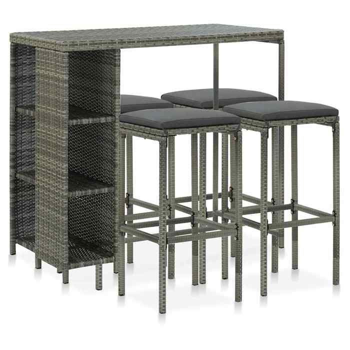 CHIC Ensemble Table et Assises de Jardin 5 pièces Gris 120x60x110 cm avec 1 table et 4 tabourets et coussins inclus 962221