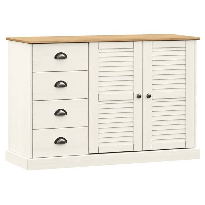NOUVEAU Placard de rangement - Buffet de Cuisine - Armoire Bas vitrine - avec tiroirs VIGO 113x40x75cm - blanc - Bois massif de pin
