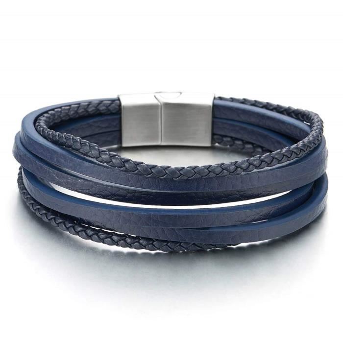 Bracelet cuir torsadé et fil acier pour homme Bleu