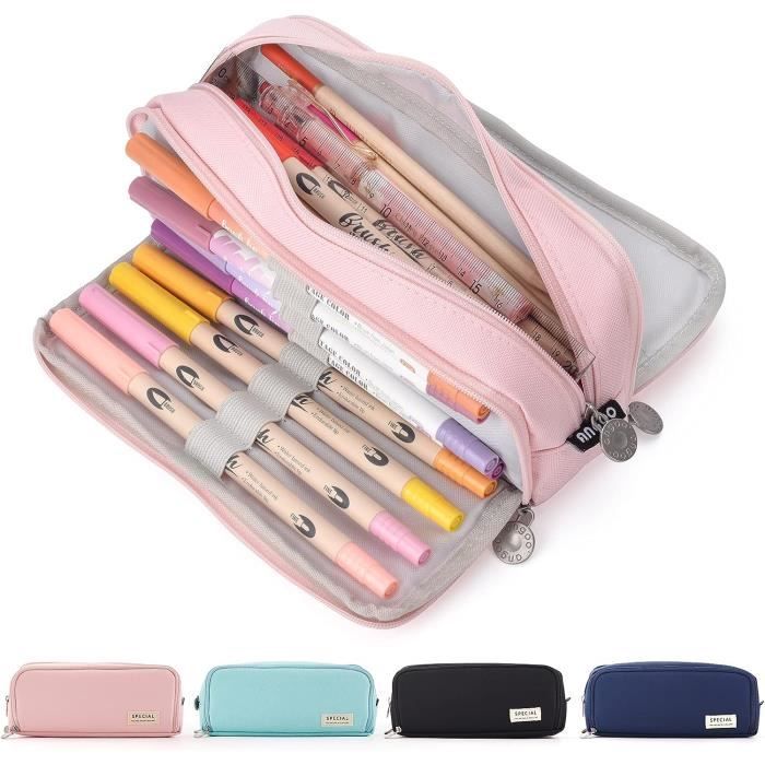 Trousse Grande Capacité 20x9cm - Noir Et Rose - Pour écoliers, étudiants - Zippée, Résistante - Cadeau Pratique