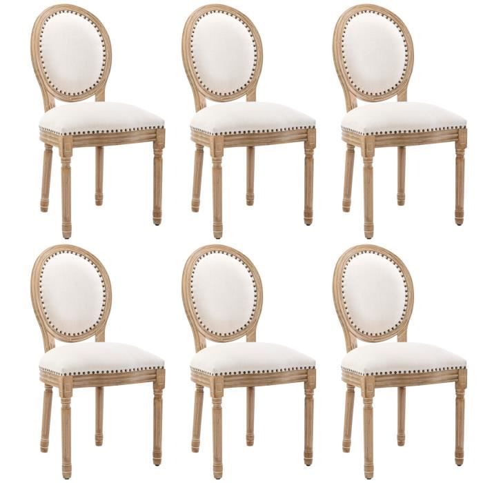 lot de 6 chaises de cuisine à décor de clous en cuivre,chaises rembourrées louis xvi à dossier rond,assises en lin,crème