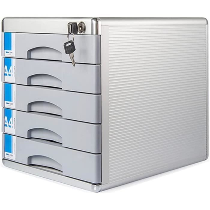 Boîte à Tiroirs Verrouillable 5 Niveaux - A4, Alliage Aluminium - Pour Bureau, Rangement Fichiers, Outils
