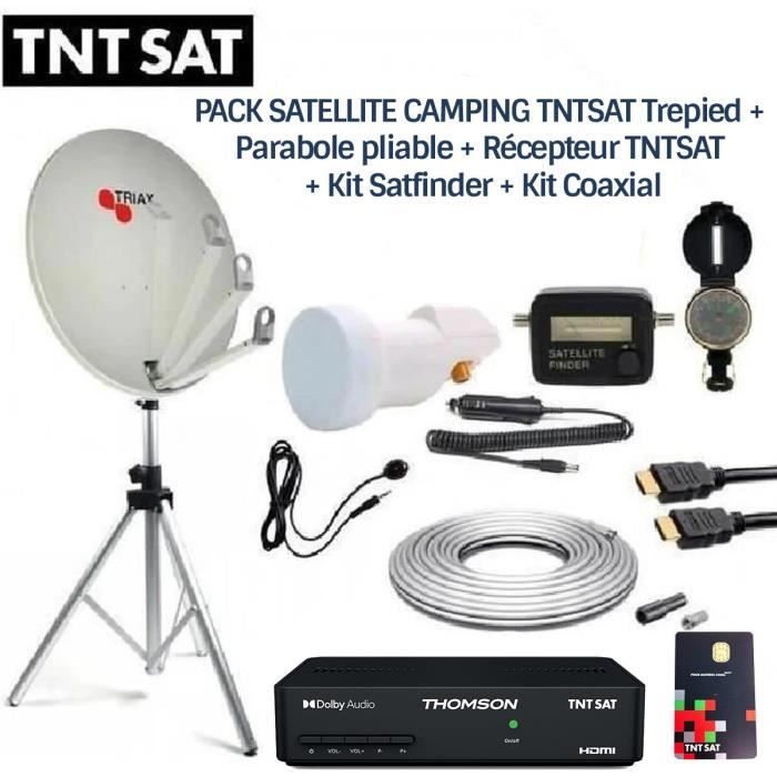 PACK SATELLITE CAMPING TNTSAT Trepied + Parabole pliable + Récepteur TNTSAT THS806 + Kit Satfinder + Kit Coaxial