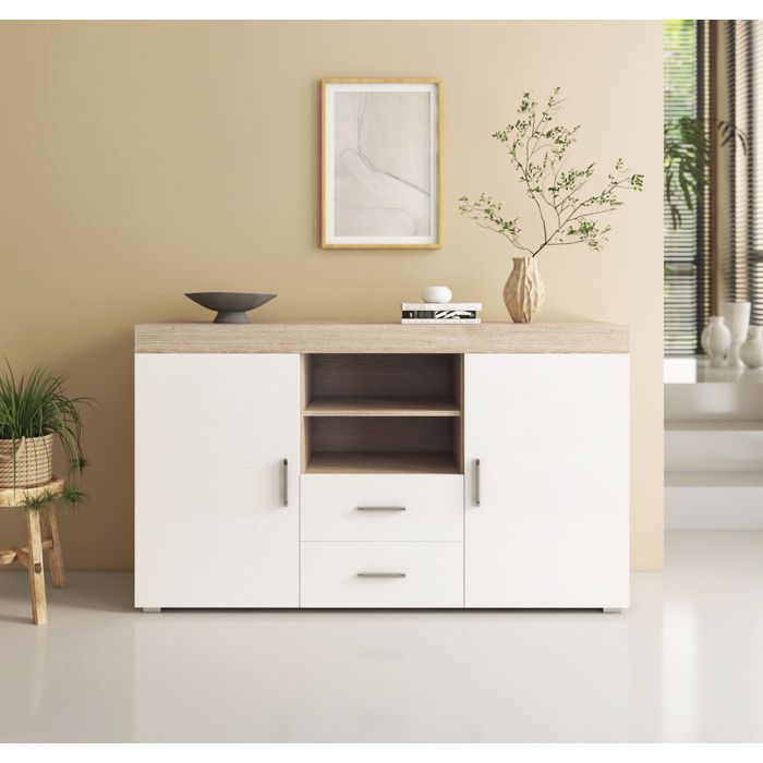 Design Ameublement - Buffet Bahut ROQUE - 2 portes 2 tiroirs - Sonoma et Blanc - 140x80x40cm
