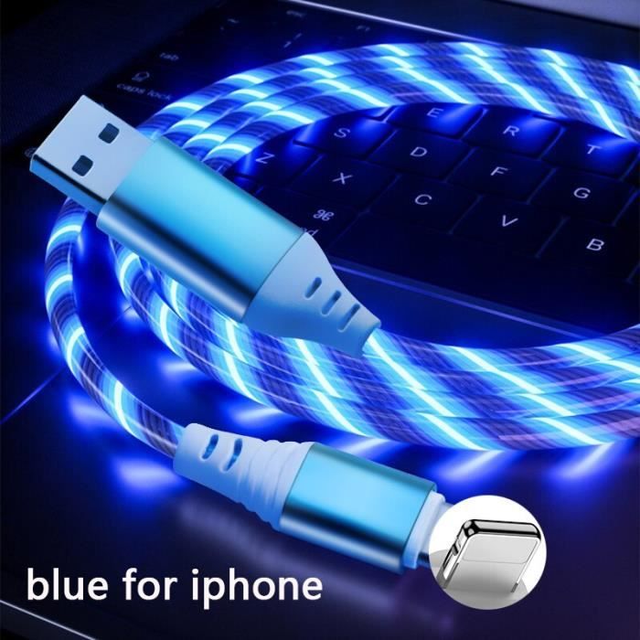 Taille 1m - Câble usb lumineux pour recharge de téléphone Cordon led pour recharge rapide - BLEU pour iPhon - BLEU pour iPhone