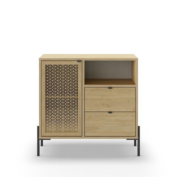 CALICOSY - Petit Buffet 1 Porte 1 Niche et 2 Tiroirs L80 cm - Inca - Bois clair
