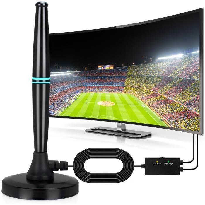 Antenne TV Intérieure 2025 - Amplificateur Signal 600km, Compatible 4K/1080p, Câble 10m, Design Fin