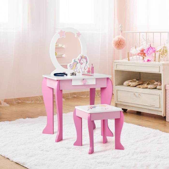 Coiffeuse Enfant ZONEKIZ Rose Avec Tabouret - Table De Vanité Princesse, 1 Tiroir - À Monter