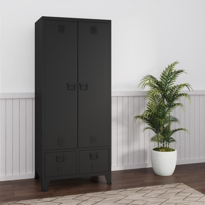 Armoire de chambre Hankasalmi avec 2 tiroirs acier 180 x 90 x 40 cm noir
