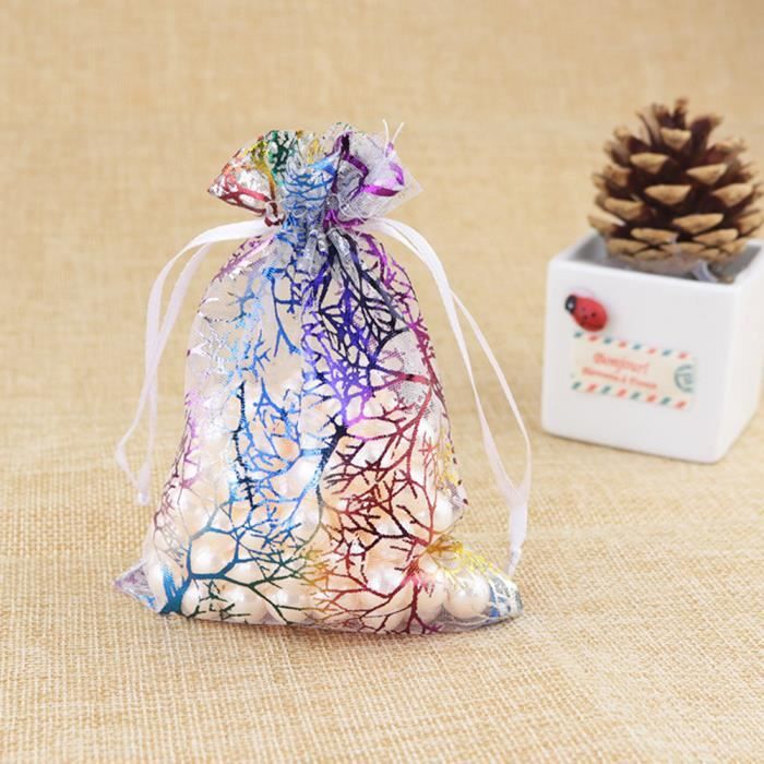100 Sachets Organza Noël 9x12 Cm - Avec Cordon - Motifs Flocons De Neige Or/argent - Pour Cadeaux, Bijoux, Bonbons