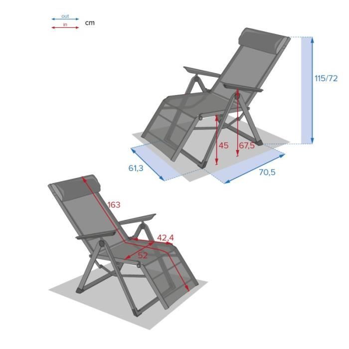 chaise longue inclinable decima hespéride vert olive/graphite - olive - 8 positions - appui-tête inclus
