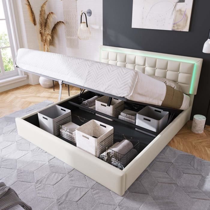 Lit coffre 160x200cm - MODERNLUXE - Blanc - A lattes - Avec tiroirs Lit coffre 160x200cm - MODERNLUXE - Blanc - A lattes - Avec tiroirs