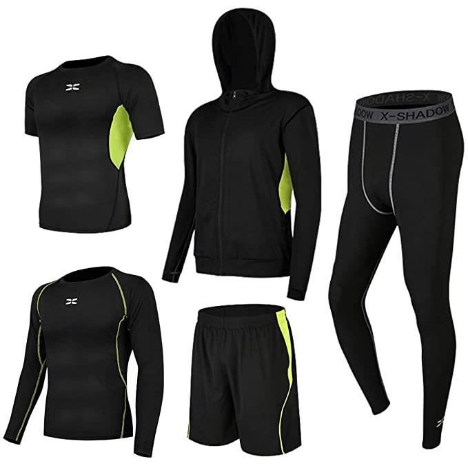 Ensemble Compression Tenue Sport Homme Fitness Vetement Running Shirt Legging Collant Running Jogging Cyclisme 5 Pieces Vert L