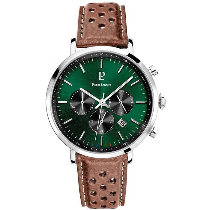 Quartz Homme BARON Argenté Cadran Soleillé Vert Bracelet Cuir perforé Brun 20M Quartz Homme BARON Argenté Cadran Soleillé Vert Bracelet Cuir perforé Brun 20M