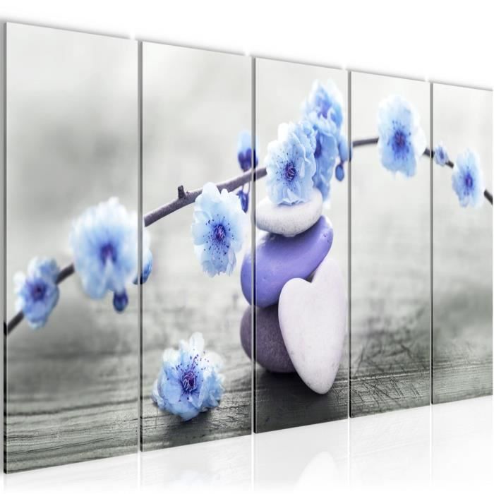 Tableau Déco Mural Moderne Fleurs & Papillons Feng Shui - Impression Sur Toile, Couleurs Vives Gris Bleu (plusieurs Tailles)