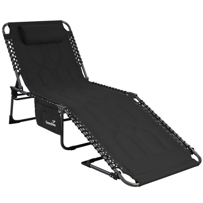 Chaise Longue - Bain de Soleil - Transat de Relaxation - Skandika Torget - 190 x 60 x 30 cm - Max 150 kg - Noir
