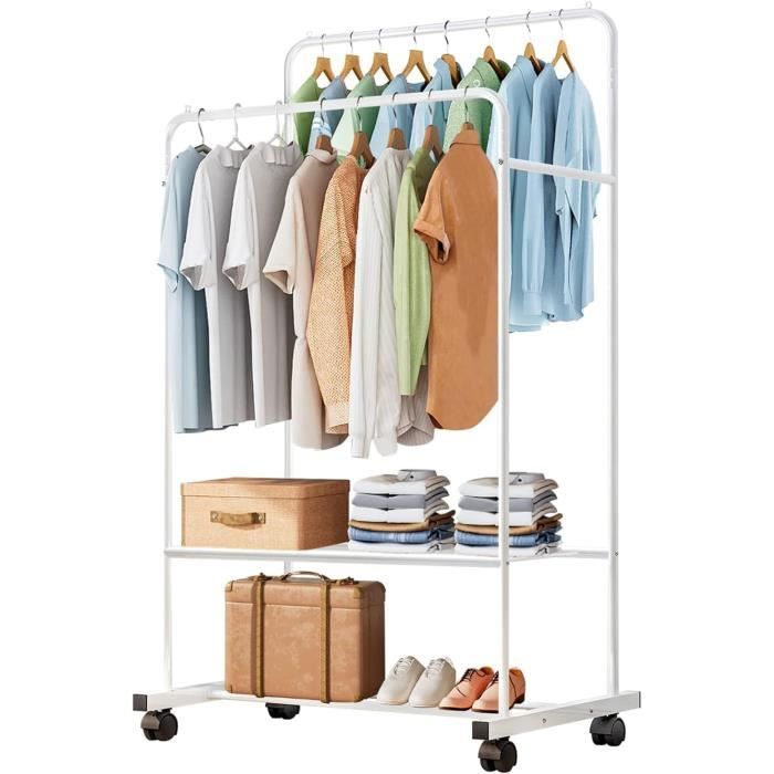 Portant à Vêtements Avec Roulettes - 60 Cm De Large - Acier Carbone - Blanc Ou Noir - Pour Chambre, Salon, Bureau - Rangement Mobile - 2