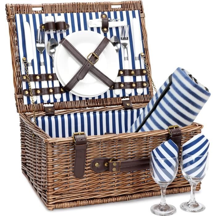Panier Pique-Nique Osier Marron Pour 4 Personnes - 26 Pièces Avec Sac Isotherme