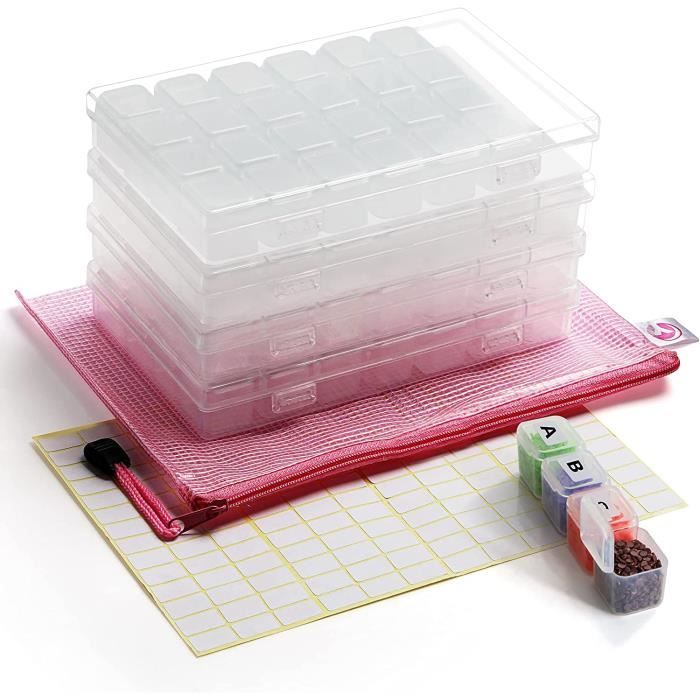 Kit Rangement 5D Diamond Painting Belle Vous - 285 Pièces, 4 Boîtes 28 Compartiments + Pochette + 168 Étiquettes