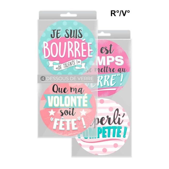 Set De 4 Dessous De Verre Humoristiques 'Attention Fou Rhum Femme' - Dimensions 9x9 Cm - Neuf Sous Emballage
