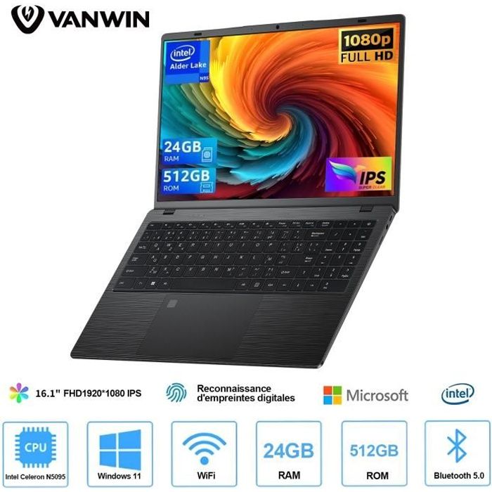 16.1FHD+ PC portable Windows 11 24 Go de RAM 512 Go SSD Intel Celeron N5095 (29 GHz) angle douverture de 170° Clavier AZERTY