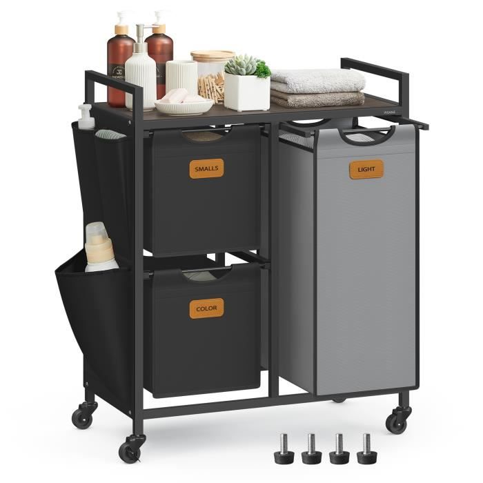 Panier à Linge, 3 Compartiments, 100 L, Roulettes, Marron Châtaigne, Noir D'encre Et Gris - Panier à Linge