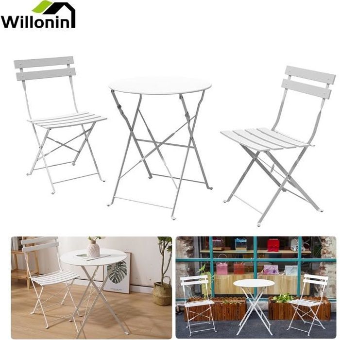 Willonin® Ensemble 3pcs: 2 Chaises Pliables et 1 Table Ronde, Salon de Jardin pour Balcon, cours, Intérieur et Extérieur, Blanc