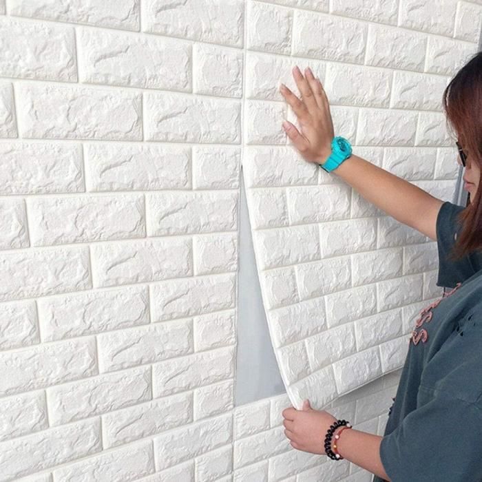Lot de 10 panneaux muraux 3D autocollants aspect pierre 70 x 77 cm,YSTP en mousse PE pour stickers muraux décoratifs, blanc