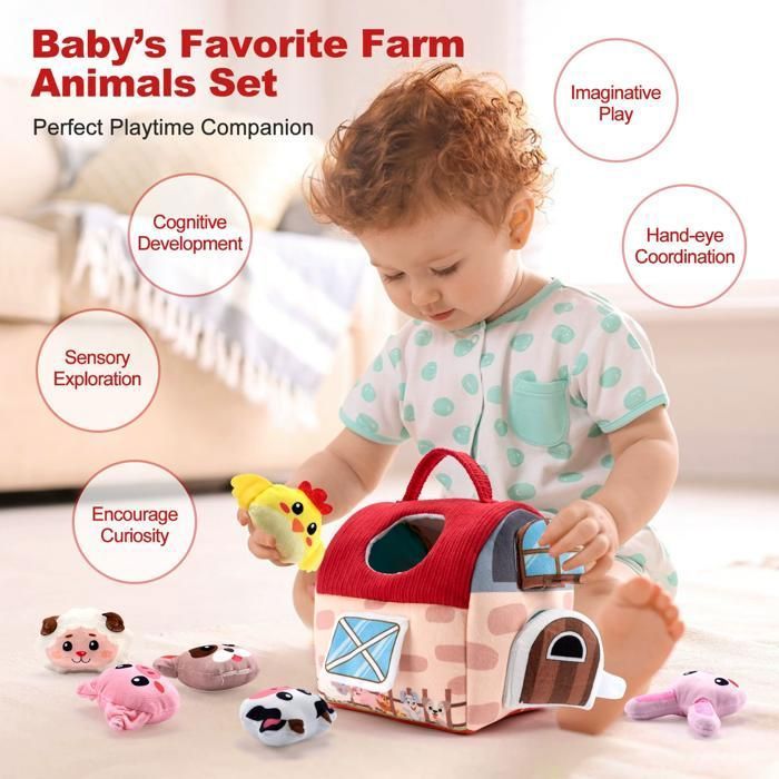 URMYWO Jouet Bébé 6 Mois, Ferme d'animaux Montessori avec 6 Peluches, Miroir Sécurité, Foulard Soie pour Développement Sensoriel et Motricité Fine, Jeux Bébé Cadeau Mixte 6-12 Mois, Vert
