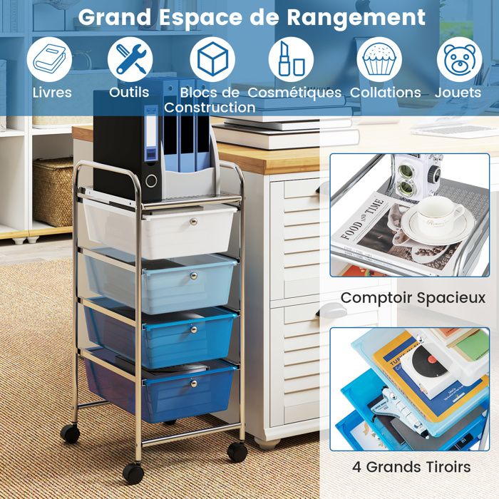 Chariot à Roulettes à 3 Niveaux Avec Étagère Chariot De Service En Plastique Avec Roues Verrouillables