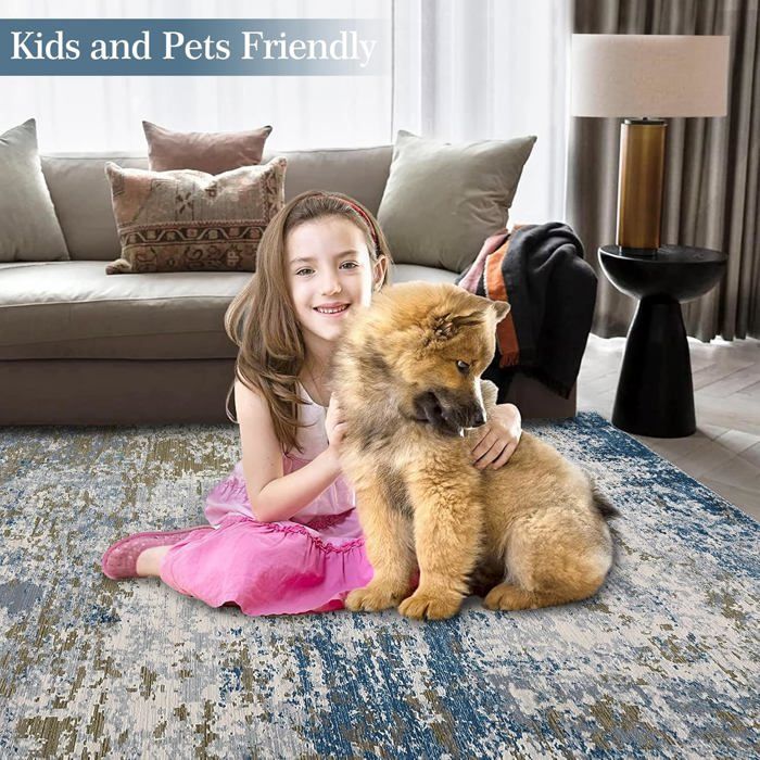 CAROMIO Tapis Extra Large Pour Salon - Abstrait - Résistant à L'eau Et à La Saleté - Pliable Et Lavable En Machine - Bleu (200 X 290 Cm