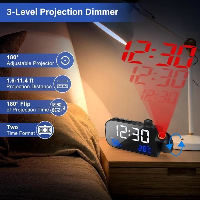 Réveil à projection numérique, aste, LED, chargeur USB, budgétaire, bureau, chambre, chevet, horloge de bureau, 2025 15 Réveil à projection numérique, aste, LED, chargeur USB, budgétaire, bureau, chambre, chevet, horloge de bureau, 2025 15