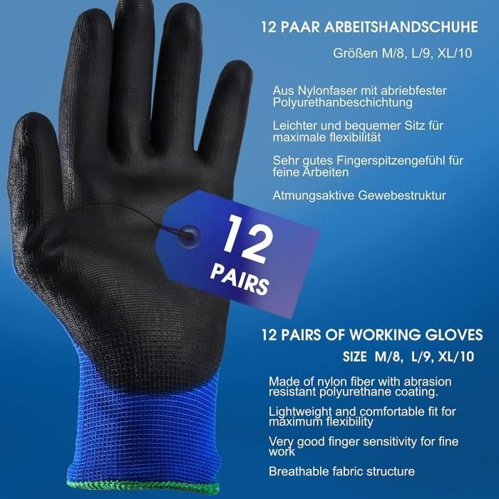 Lot De 12 Paires De Gants De Travail Antools - Revêtement PU Antidérapant - Taille M - Pour Hommes Et Femmes