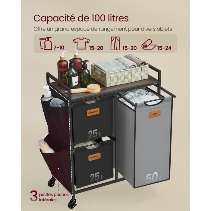 Panier à Linge 3 Compartiments - 150L Avec Sacs Amovibles - Rangement Buanderie Vintage Marron Et Noir