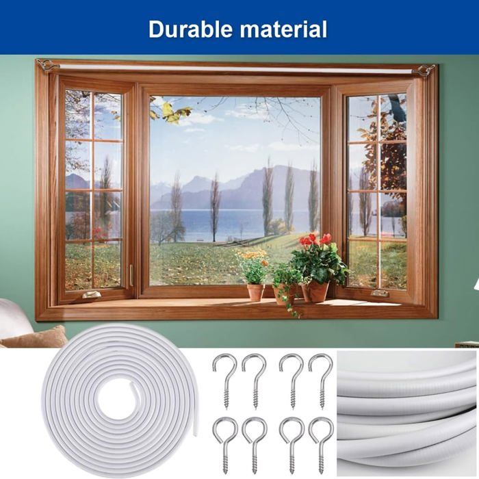 Cable Rideau 10M Blanc Avec 25 Boulons à Oeil Et 25 Crochets - Tringle Souple Pour Rideaux Et Décoration