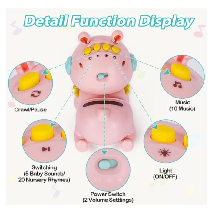 Highttoy Jouet Bébé 3 6 9 Mois, Jouet Bébé Rampant avec Musique et Lumière Jouets Musicaux Sensoriel Bébé Eveil pour Tummy Time Naissance Cadeau Bébé Rose