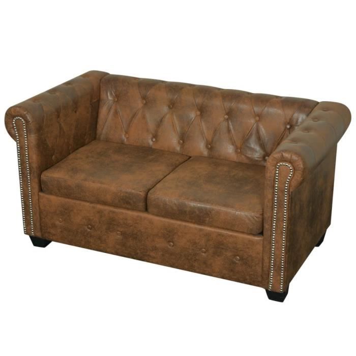 Salon Vintage Menzzo - 2 Canapés Tissu Marron (3 Places Et 2 Places) - Occasion