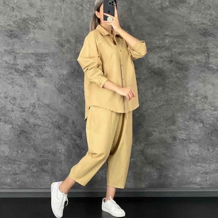 Ensemble de Vetements Femme Mode decontractee haute qualite nouvelle couleur solide revers simple Marron xumengxin