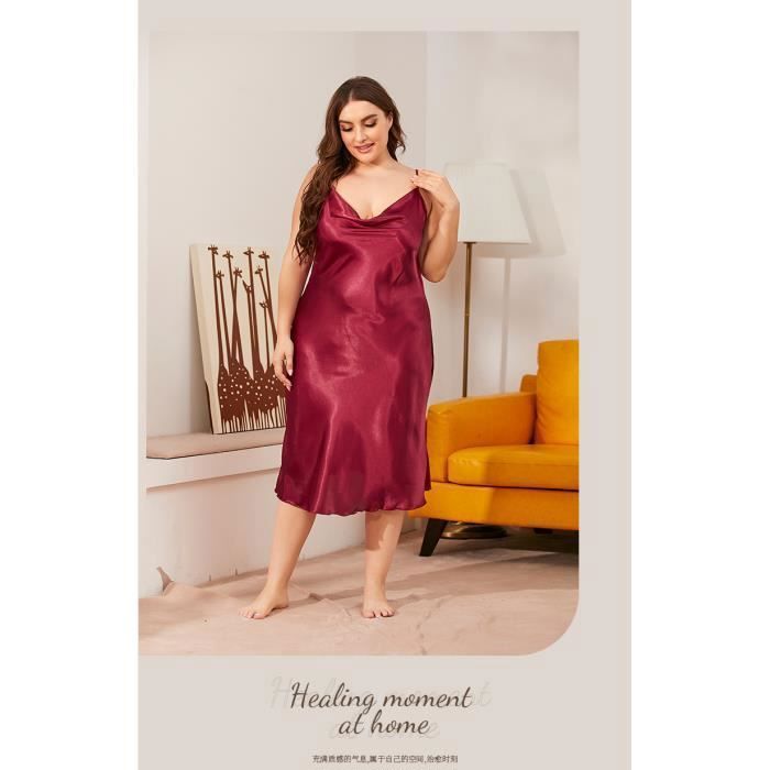 Nuisette Satin Femme Chemise de Nuit avec col en V Couleur Unie Robe de Nuit Sling Longue Sexy Hot Rouge vif Rouge vif Cdiscount Pret a Porter